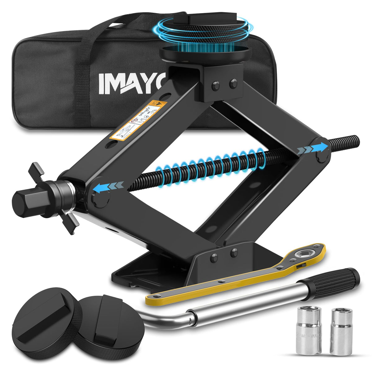 IMAYCC front view of scissor jack kit showing compact storage and trunk-ready convenience