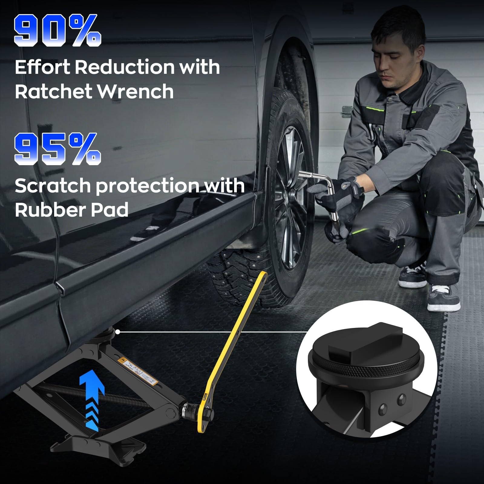 IMAYCC jack with rubber pad installed on BMW lift point protecting paint and preventing marring