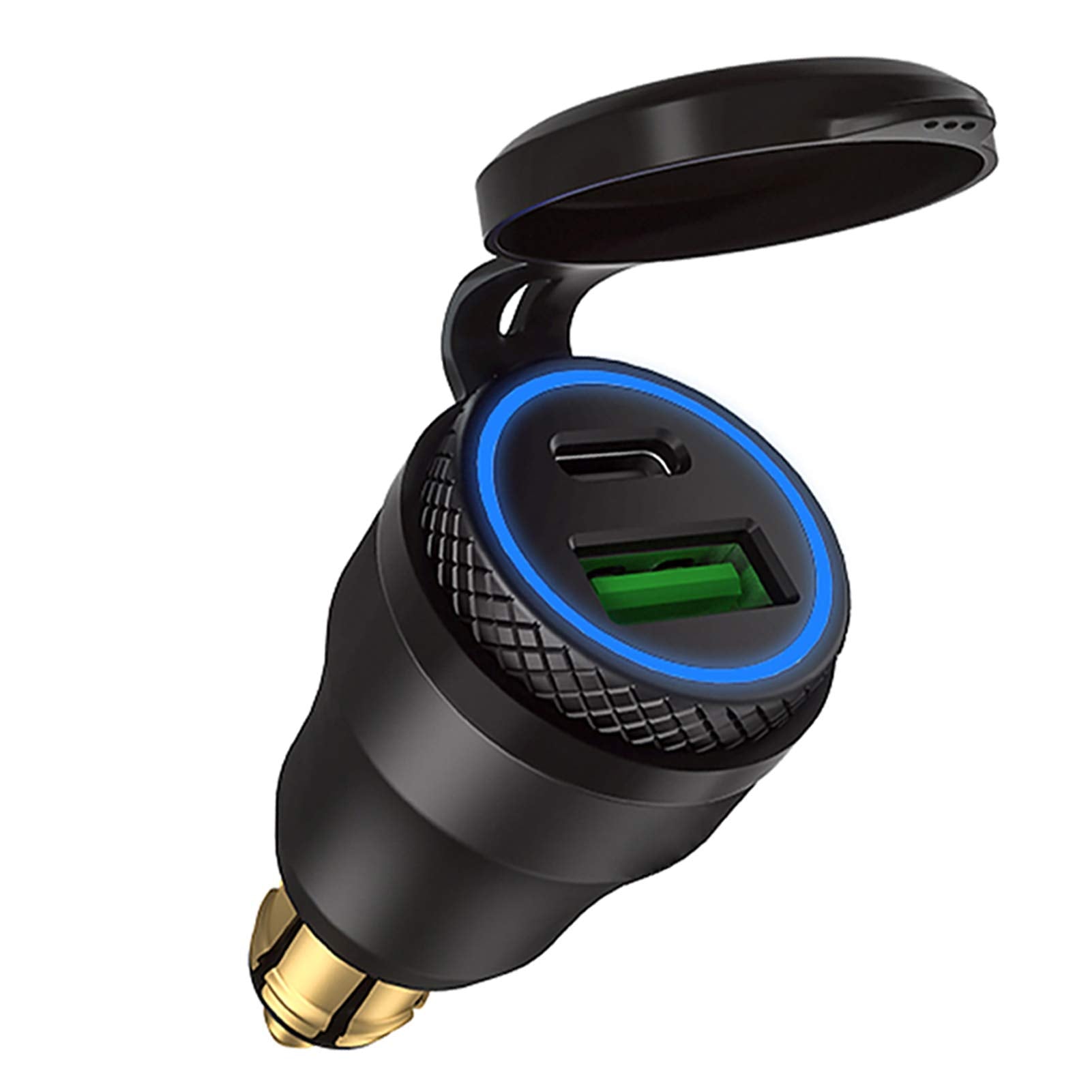 iMESTOU front view showing compact DIN charger and dual ports for fast charging
