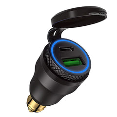 iMESTOU front view showing compact DIN charger and dual ports for fast charging