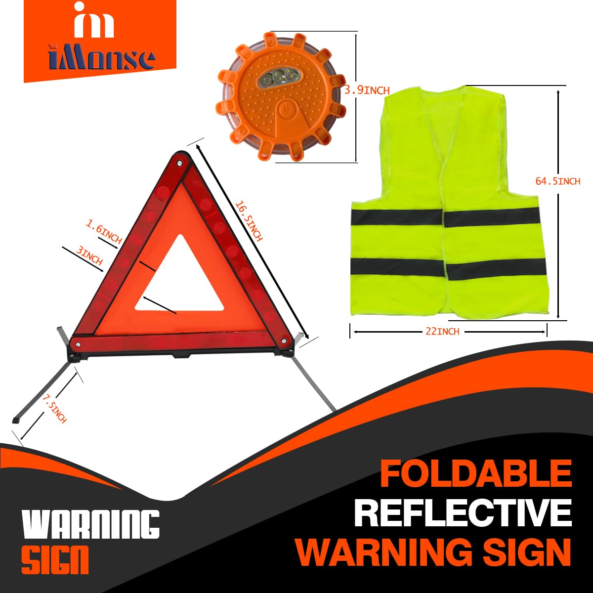iMonse carrying case open with triangles, flares, and vests organized for portability