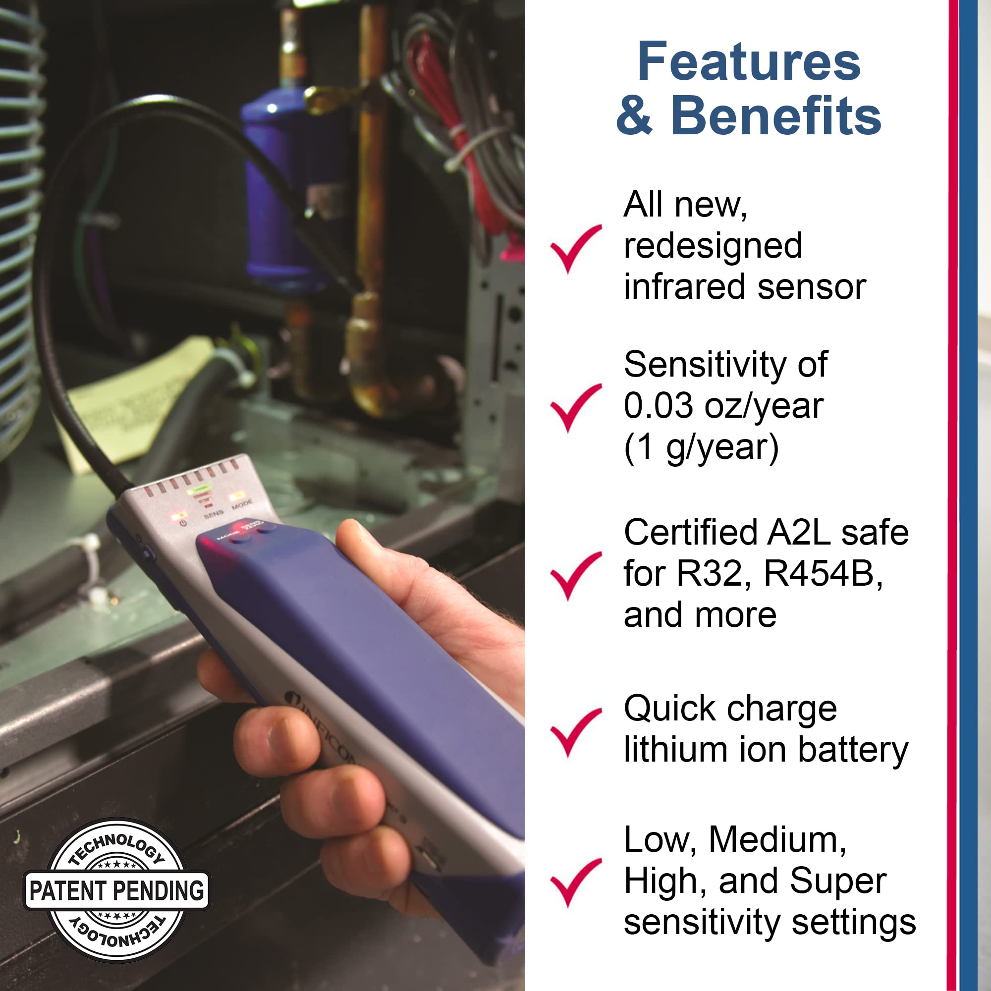 Inficon D-TEK 3 sensor close-up highlighting replaceable module benefit