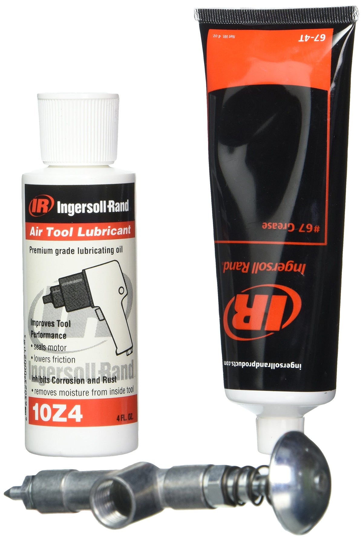 Ingersoll Rand kit front packaging showing oil, grease, and grease gun for easy maintenance
