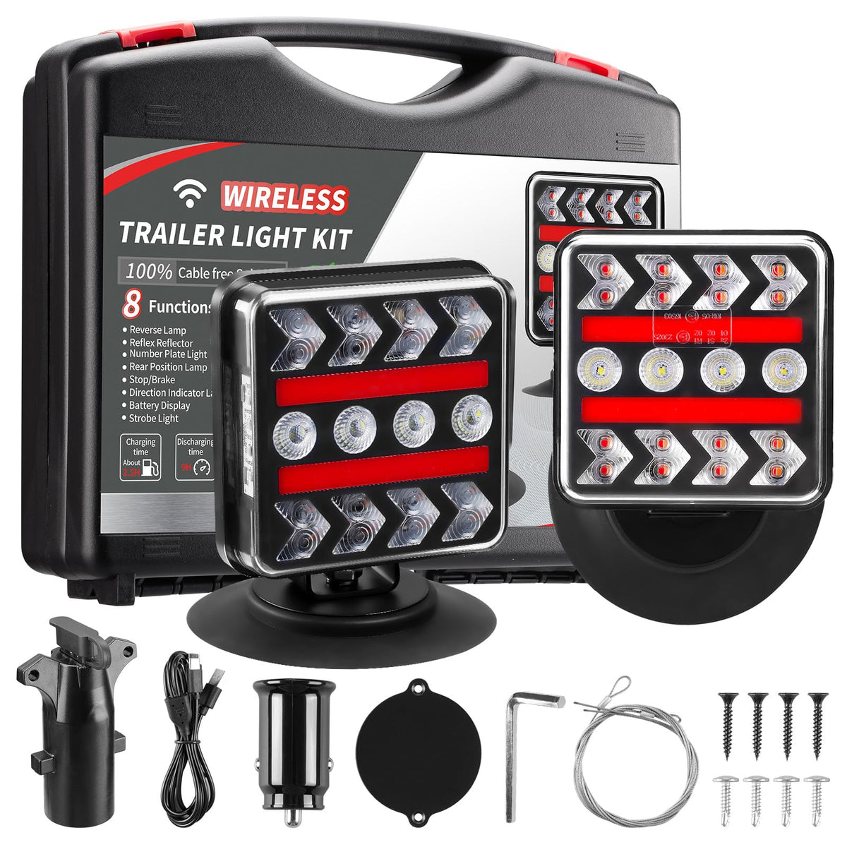 inhtgeas front view of complete wireless trailer light kit showing portability and functions