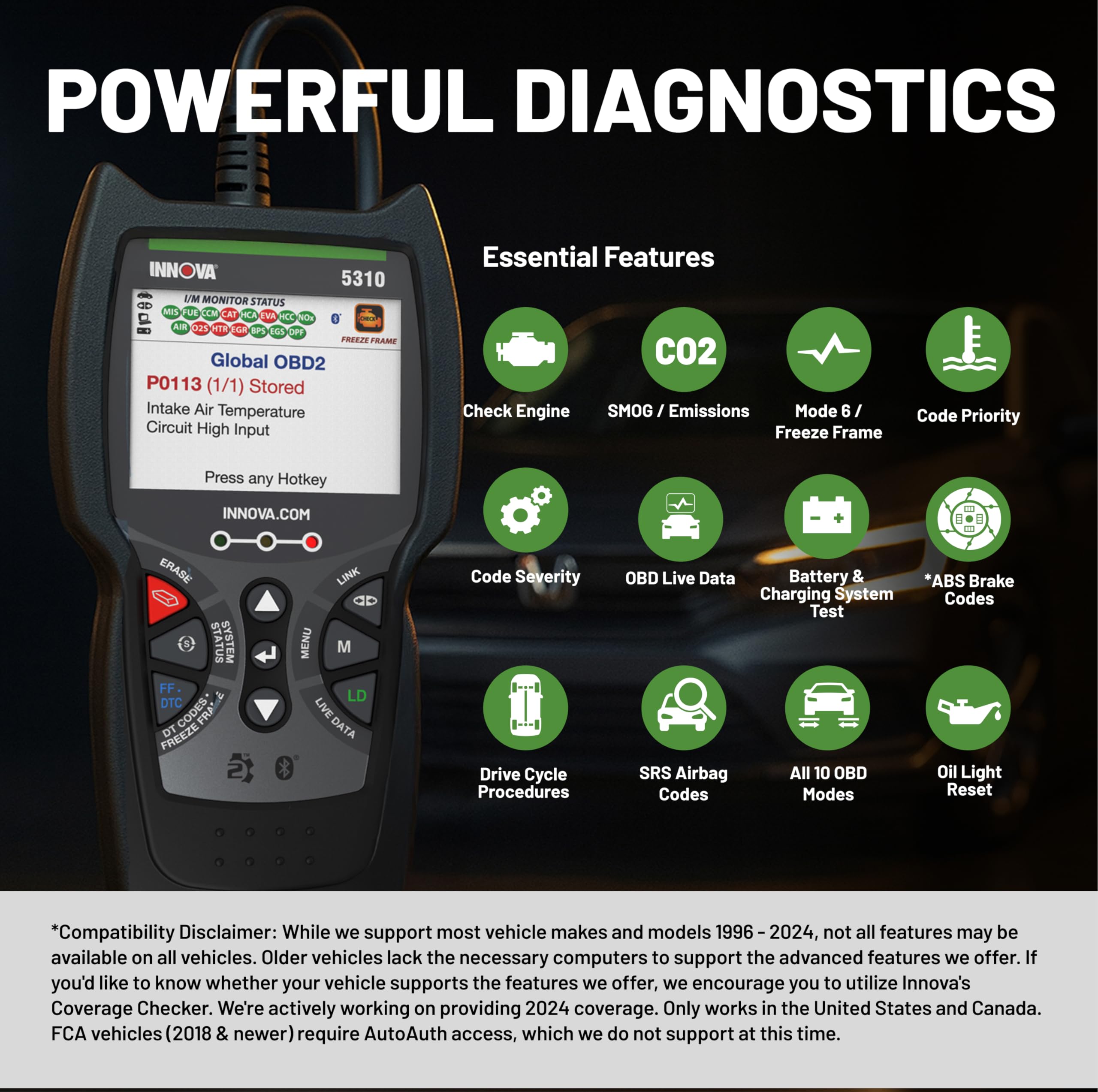 Innova 5310 paired with phone running RepairSolutions2 app for guided repairs