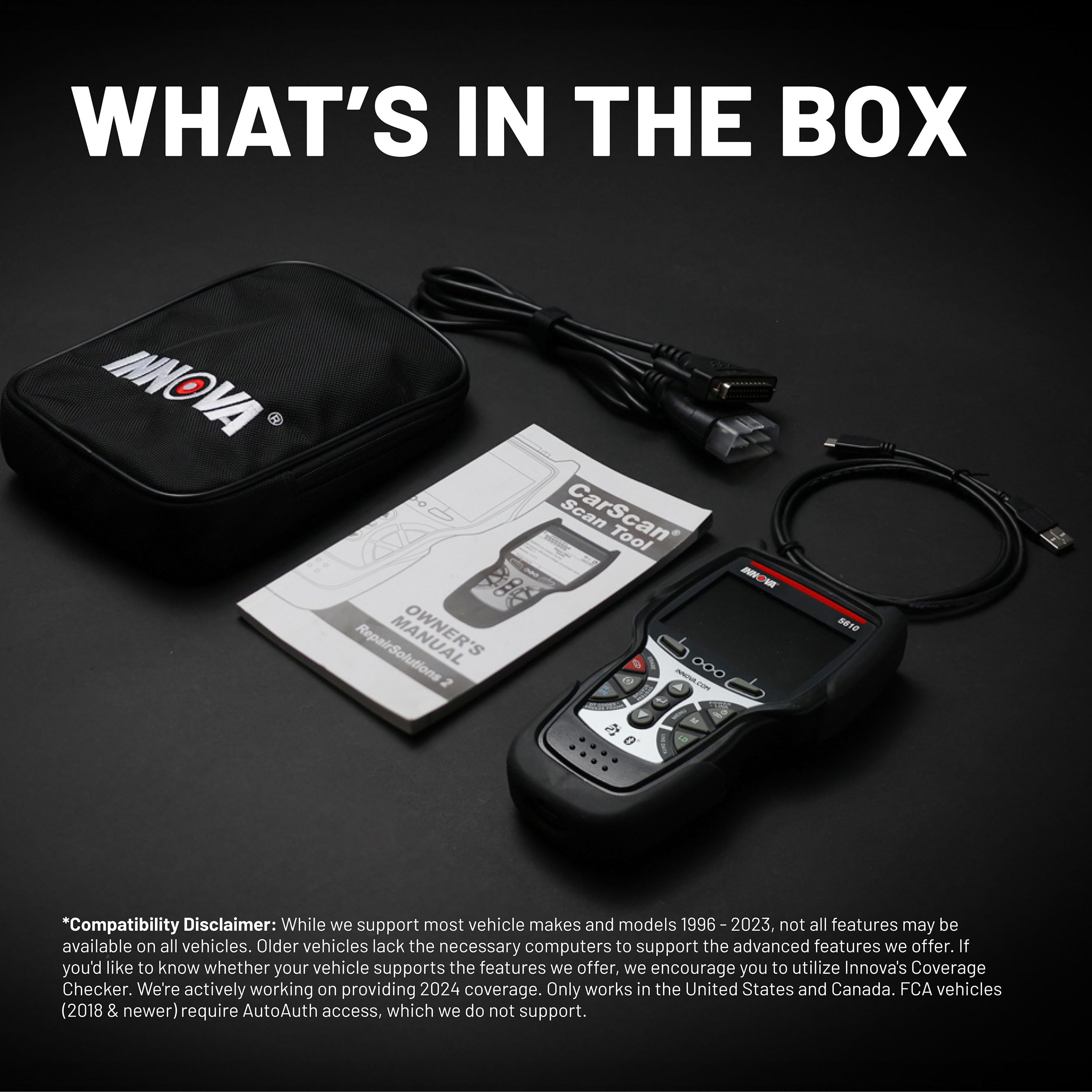 Innova 5610 box with manual and cable showing included accessories and durability