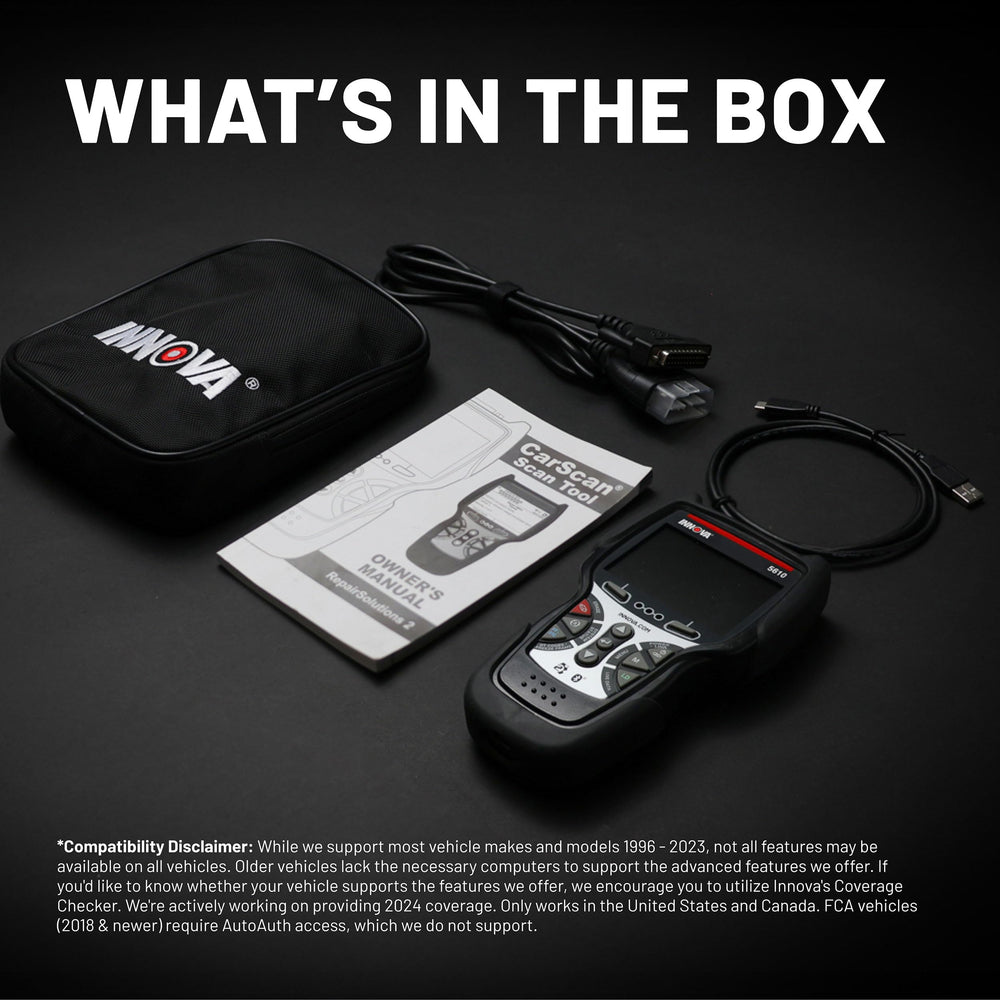 Innova 5610 box with manual and cable showing included accessories and durability