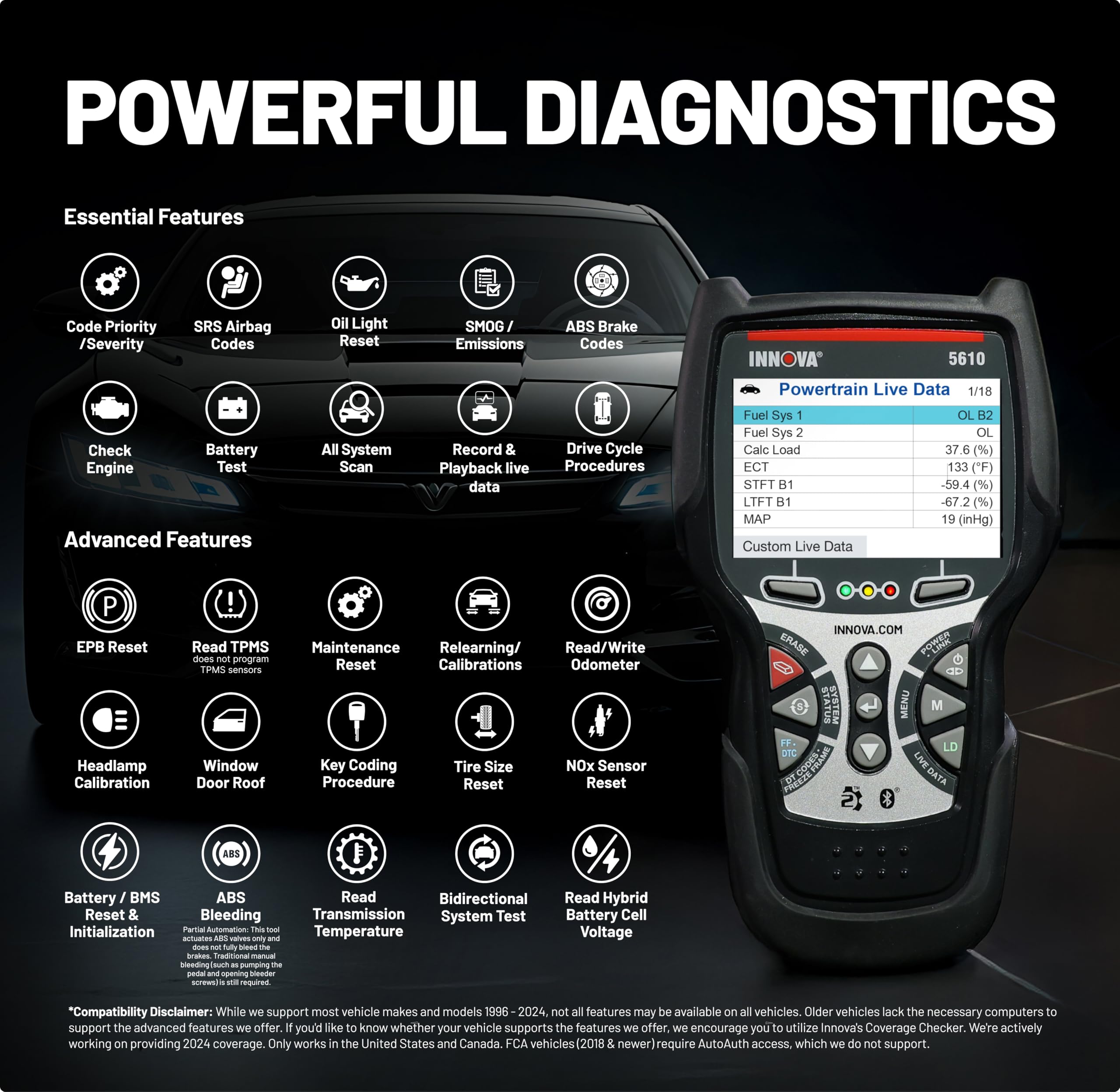 Innova 5610 paired with RepairSolutions2 app for guided repairs and part information