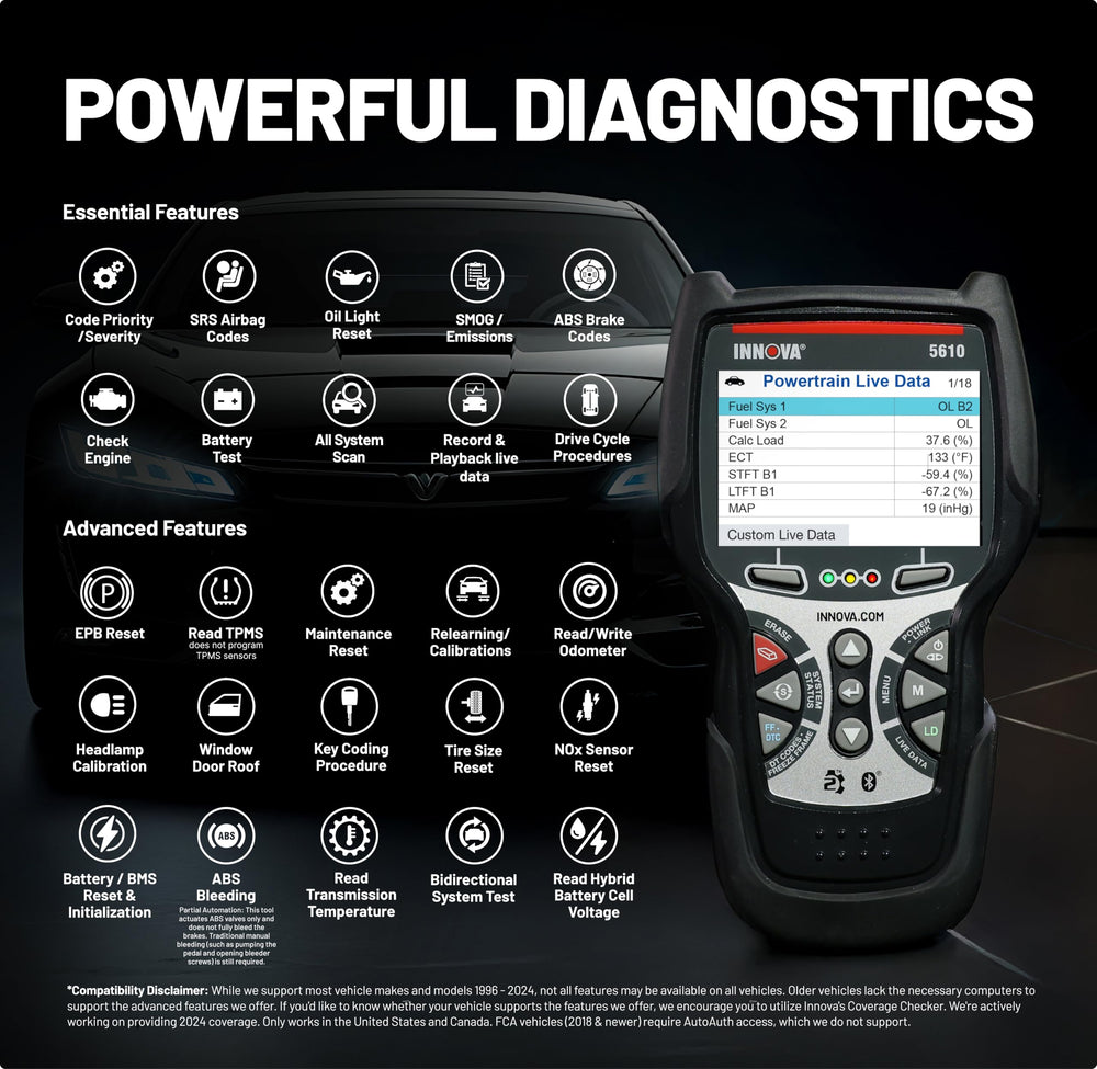 Innova 5610 paired with RepairSolutions2 app for guided repairs and part information