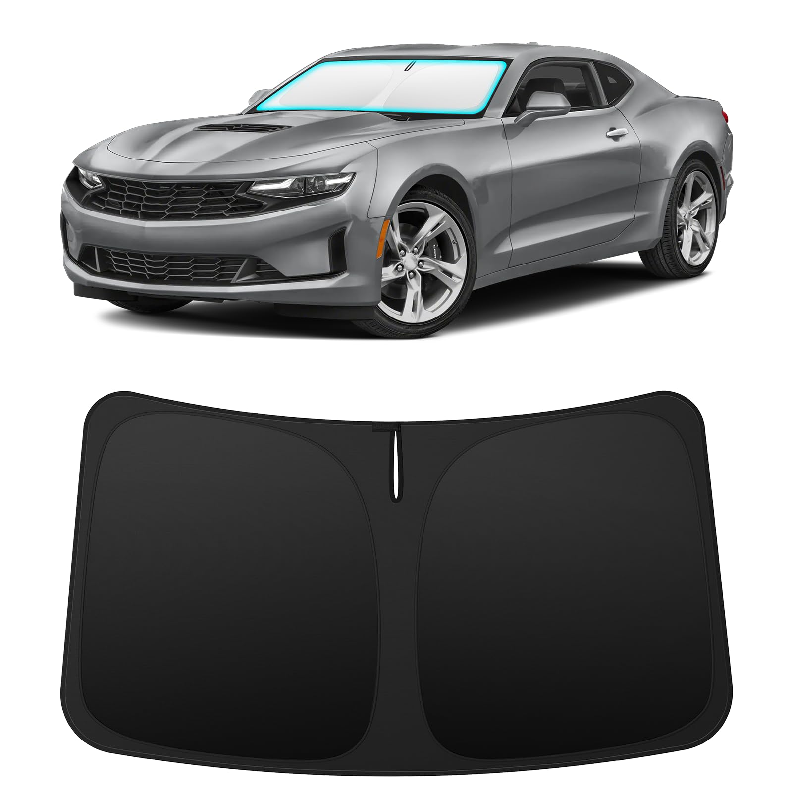 INSAUTO front view of shade fitted in Camaro windshield, protects dash