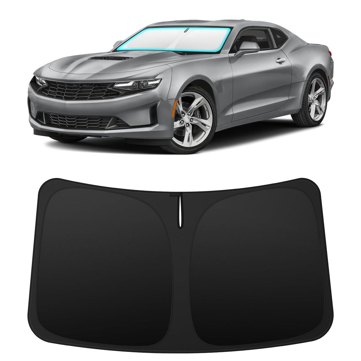 INSAUTO front view of shade fitted in Camaro windshield, protects dash