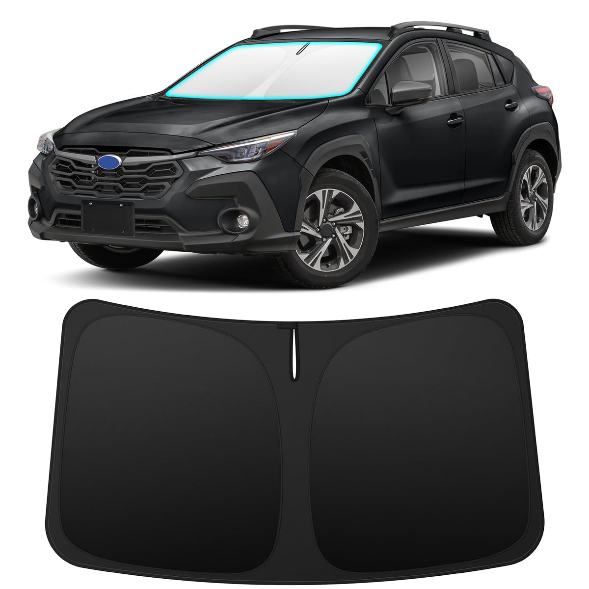 INSAUTO front view showing custom-fit shade on Crosstrek windshield for full coverage