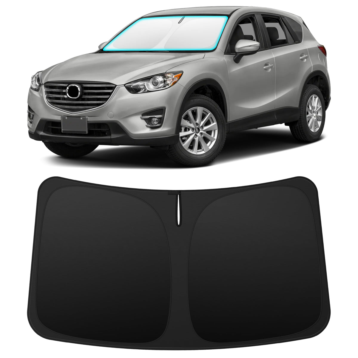 INSAUTO front view installed on Mazda CX-5 showing full windshield coverage and cooler cabin