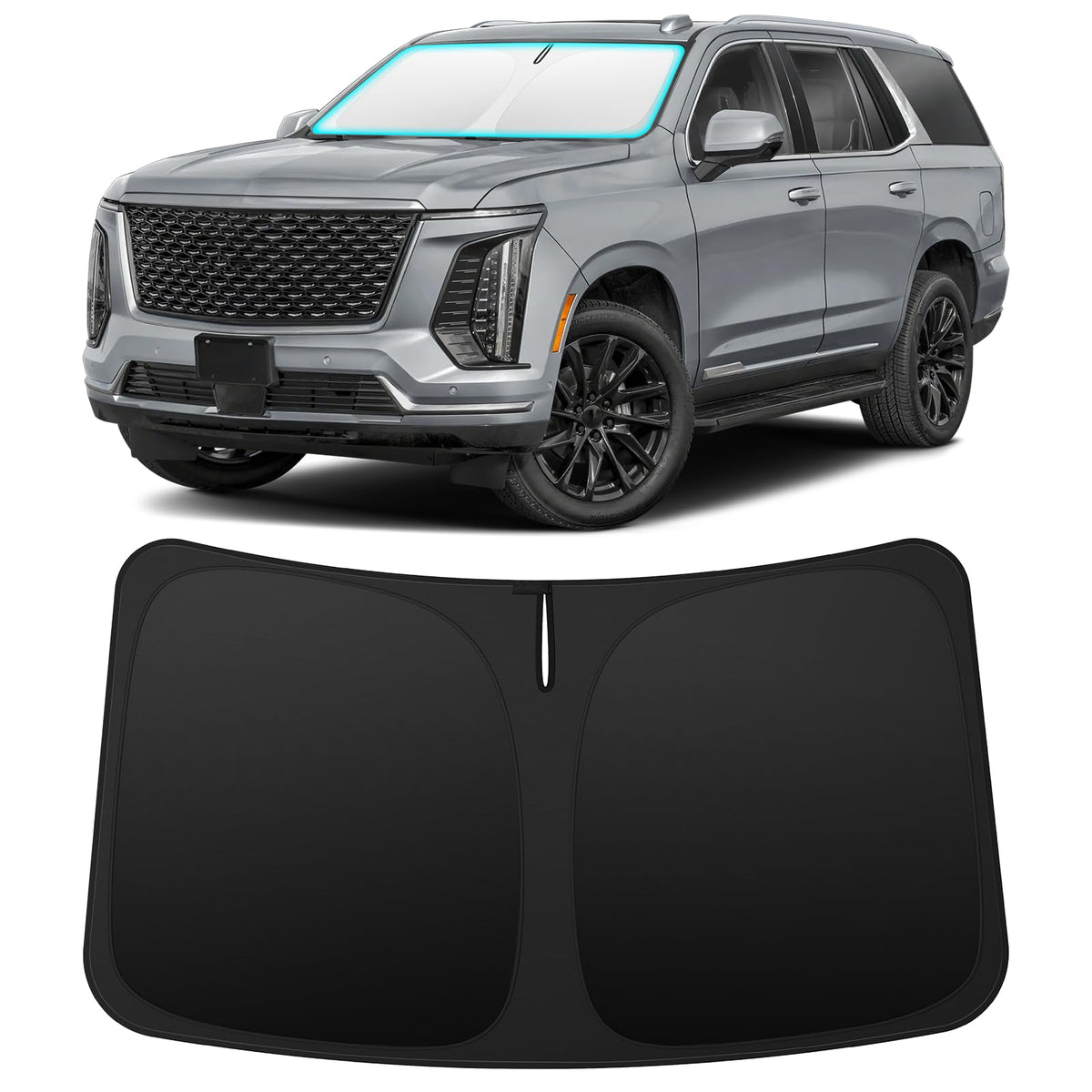 INSAUTO front view of custom-fit shade on Escalade showing full coverage benefit