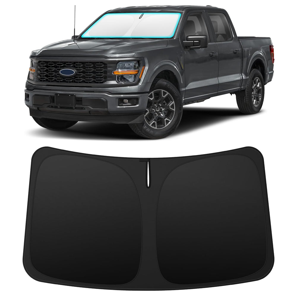 INSAUTO front-fit sun shade on Ford F150 windshield showing full coverage and protection