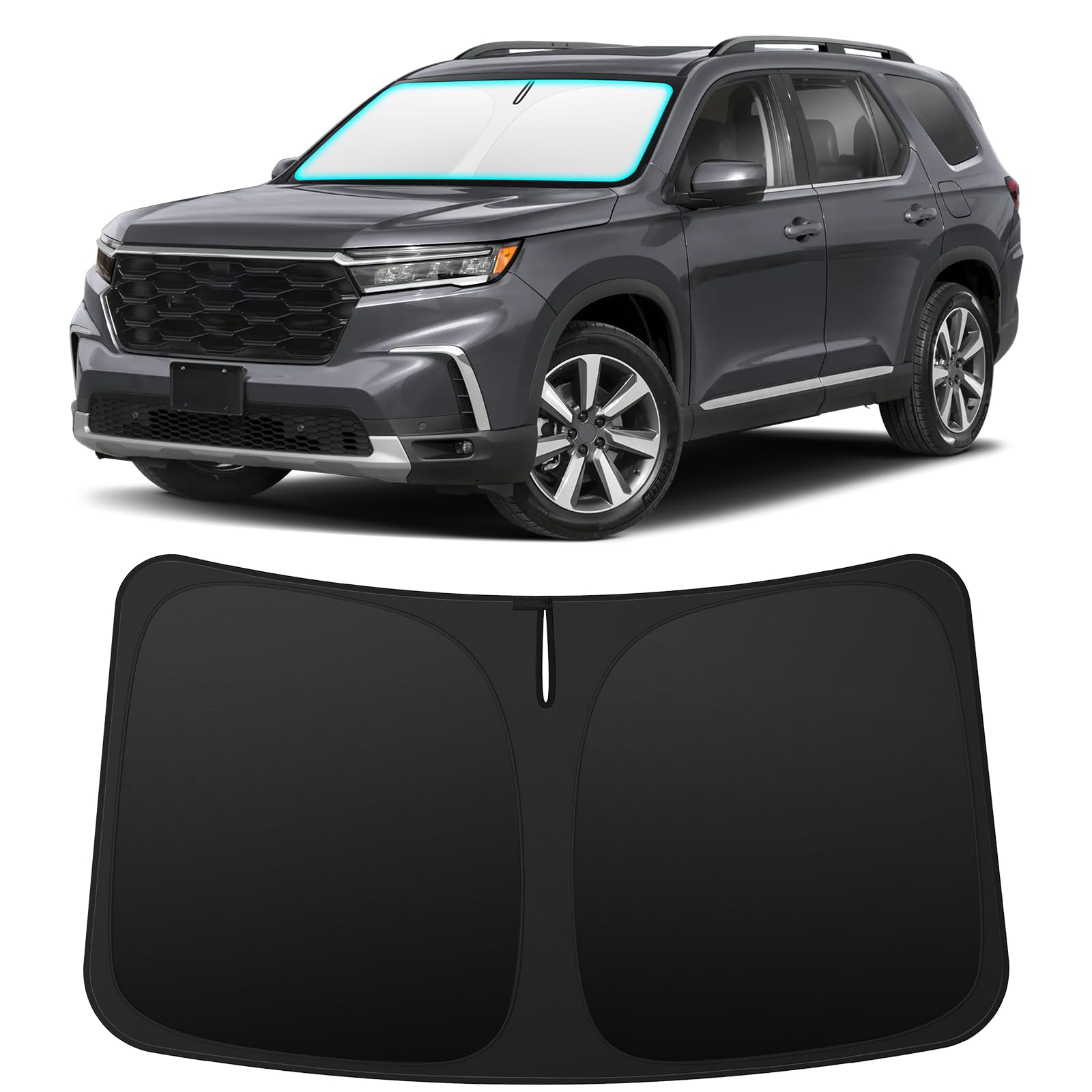 INSAUTO front view of custom-fit shade showing full windshield coverage and protection