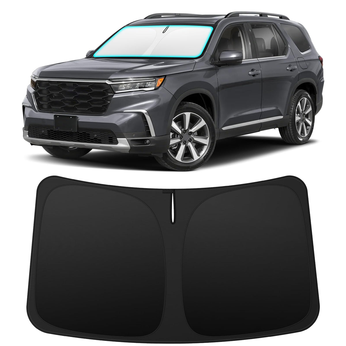 INSAUTO front view of custom-fit shade showing full windshield coverage and protection