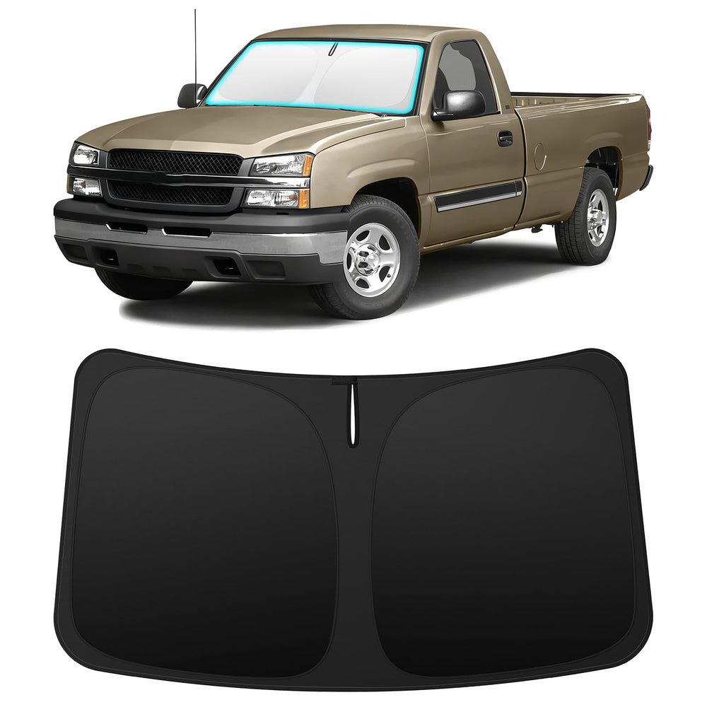 INSAUTO front view installed in Silverado showing full windshield coverage and sun protection