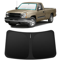 INSAUTO front view installed in Silverado showing full windshield coverage and sun protection