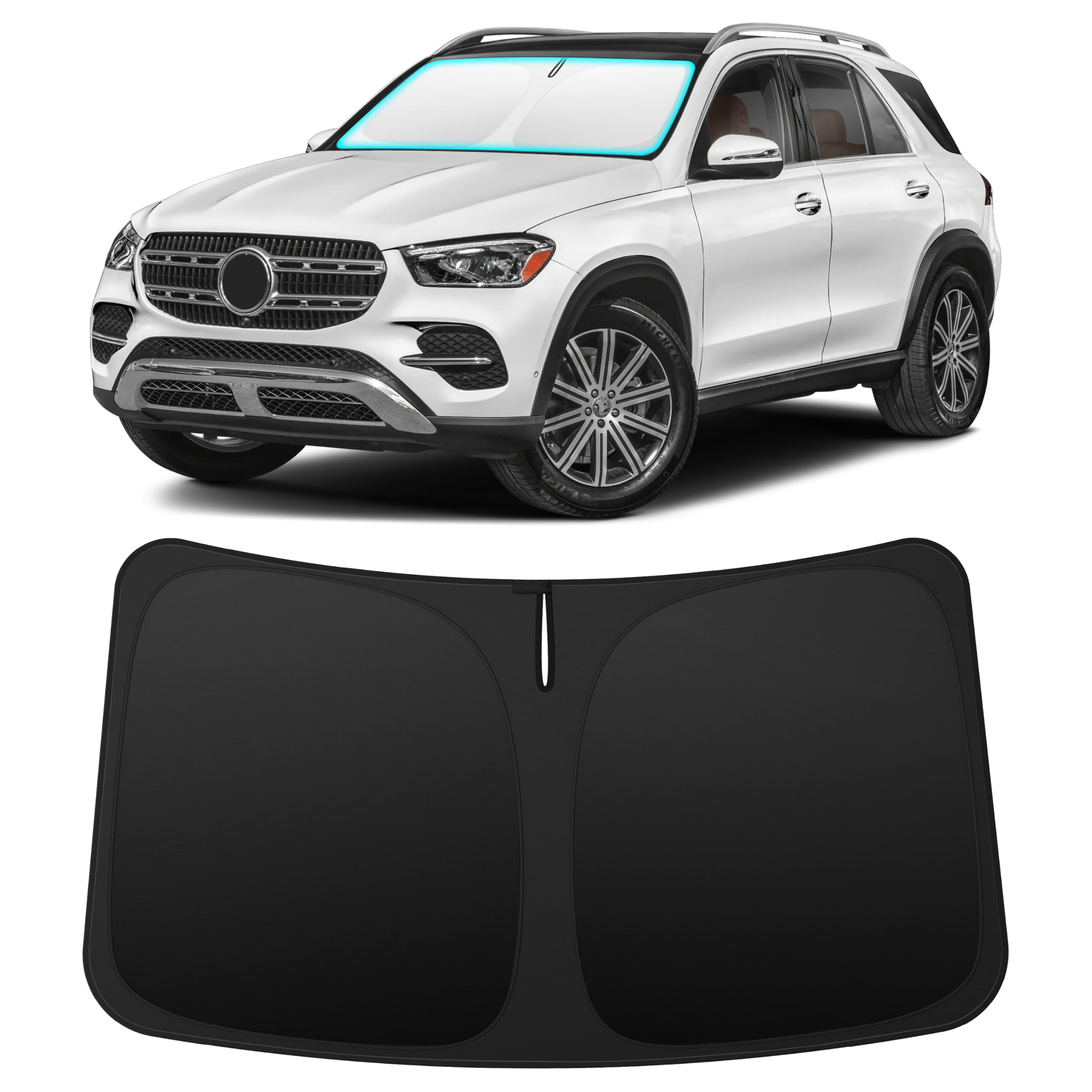 INSAUTO front view on windshield showing precise GLE/GLS fit and full coverage