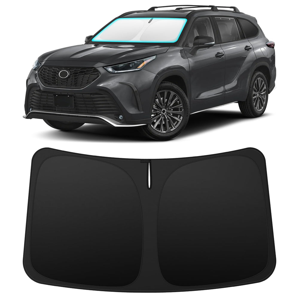 INSAUTO front view mounted on Highlander showing precise windshield coverage and sun protection