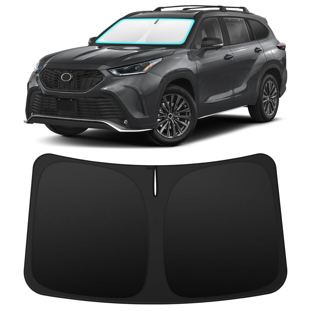 INSAUTO front view mounted on Highlander showing precise windshield coverage and sun protection