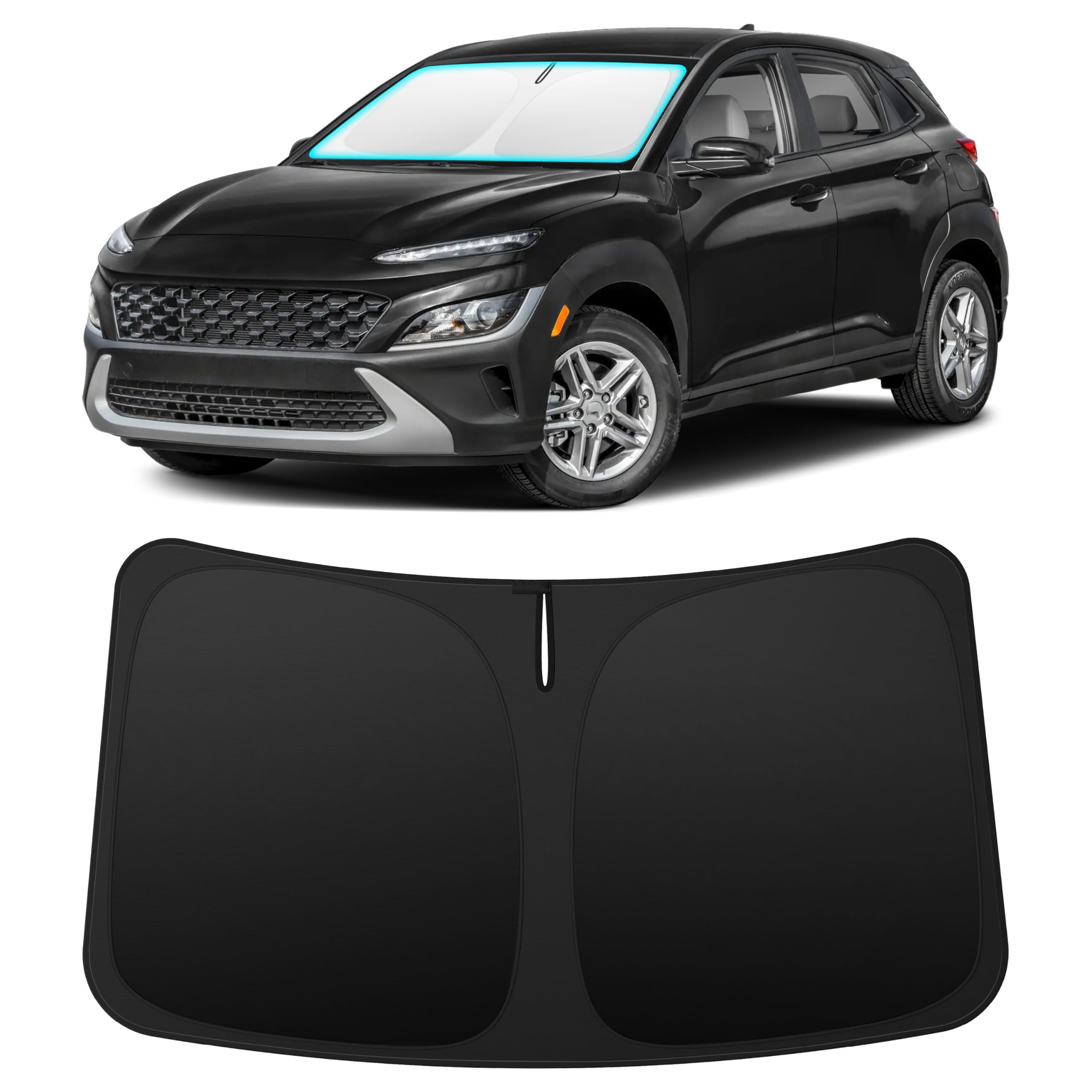 INSAUTO front view on Kona windshield showing full coverage and sun protection