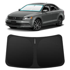 INSAUTO front view of custom-fit sun shade on Jetta windshield showing precise coverage and protection