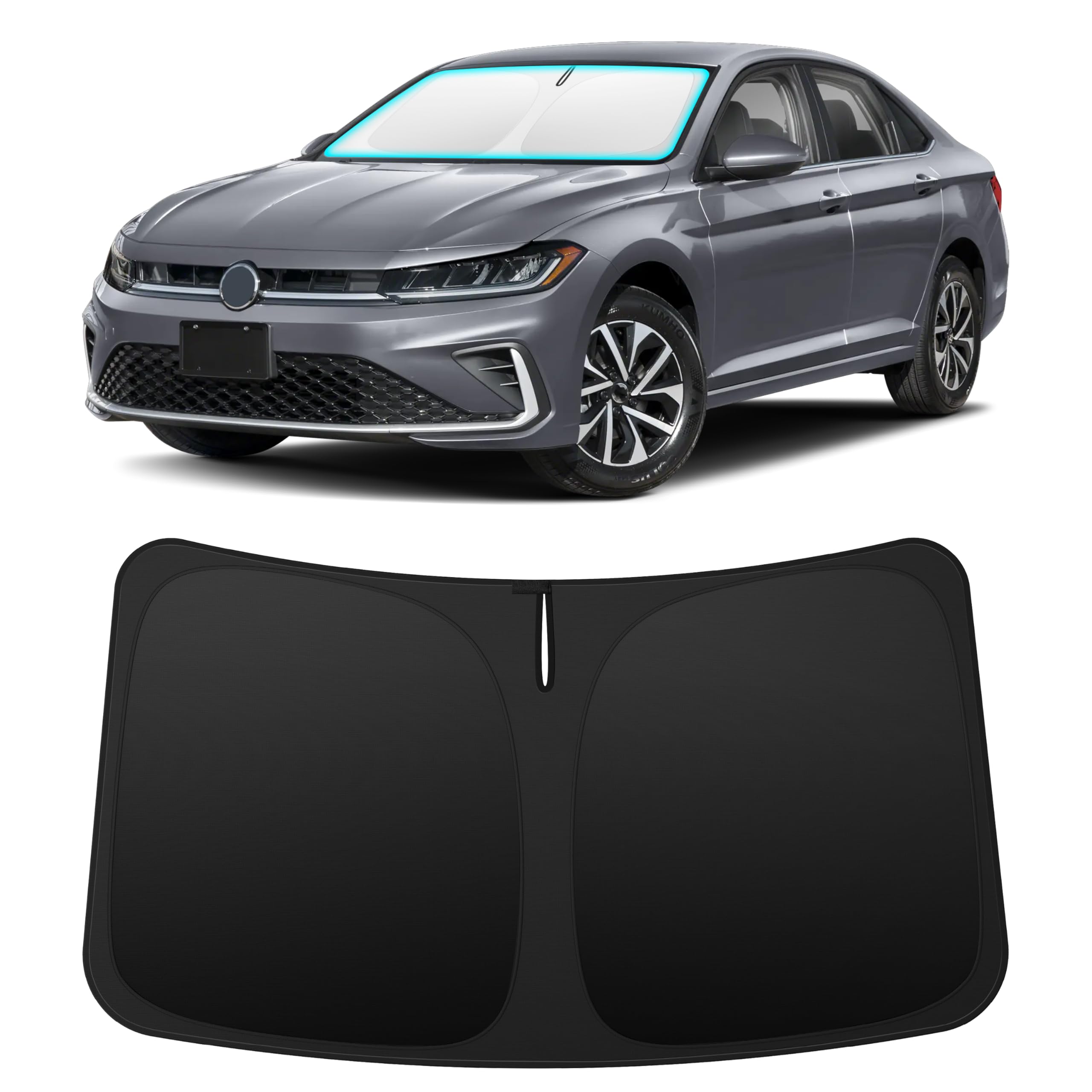 INSAUTO front view on Jetta windshield showing precise fit and sun protection