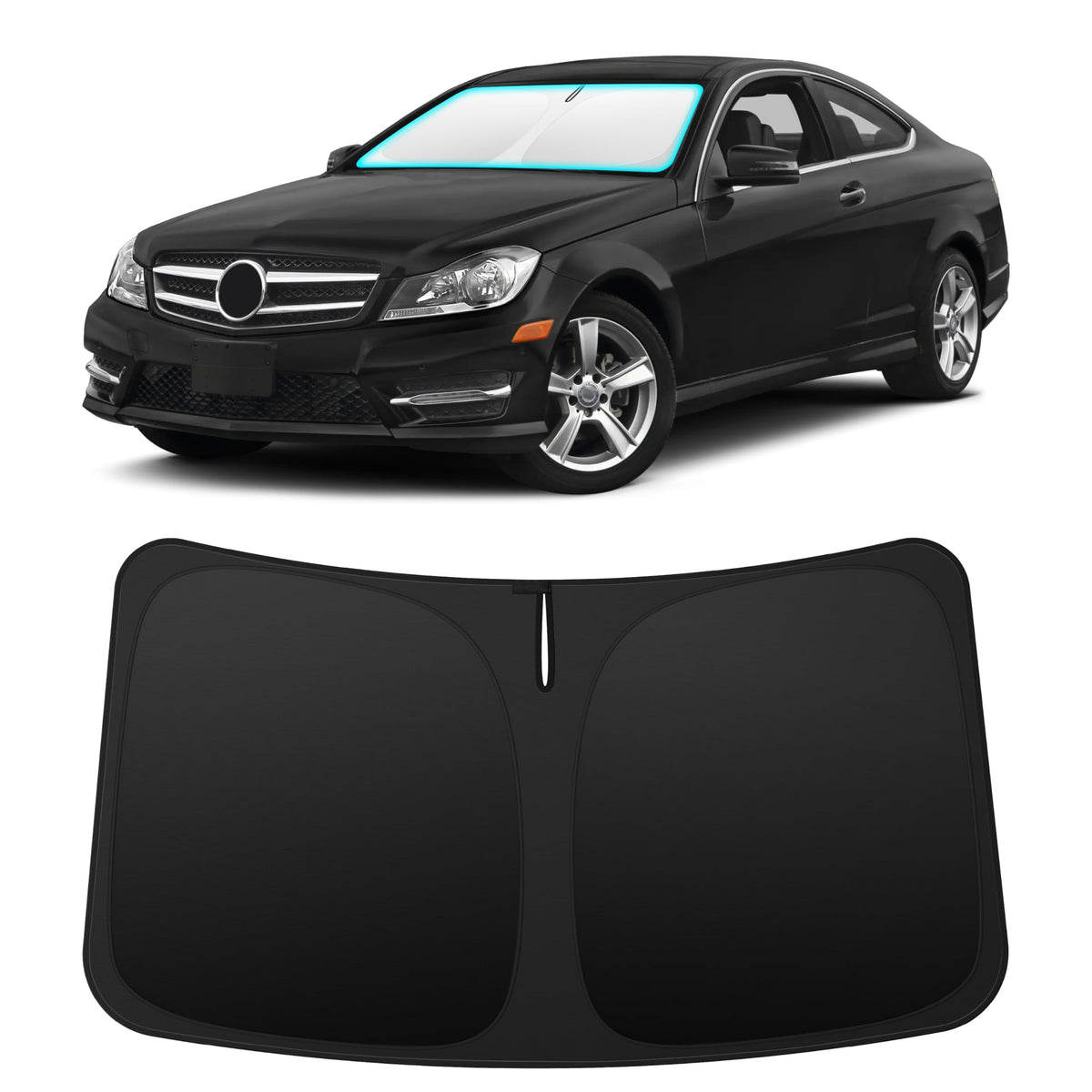 INSAUTO front view fitted on Mercedes C-Class windshield showing perfect fit and sun blockage