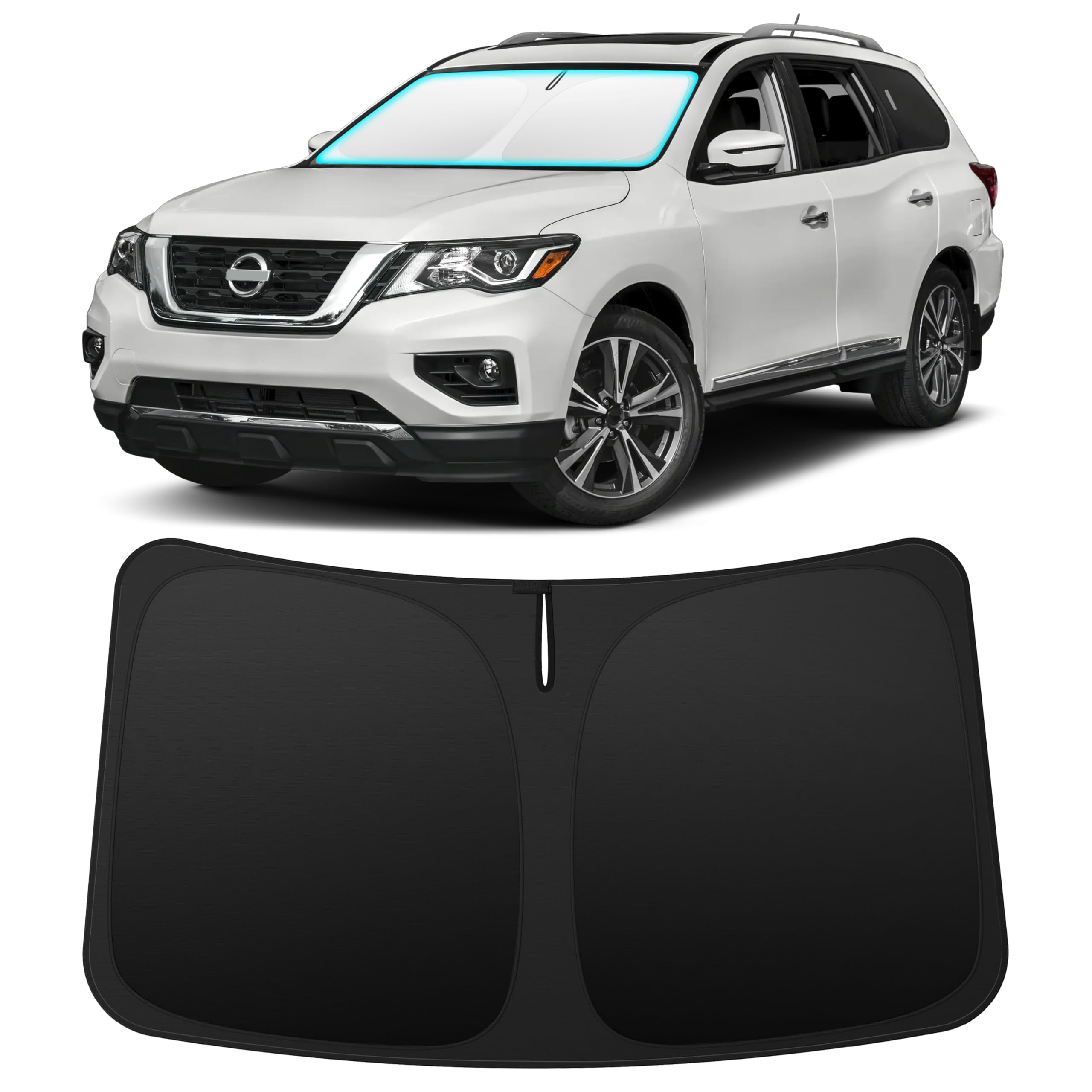 INSAUTO front-fit shade on Nissan Pathfinder showing full windshield coverage and protection