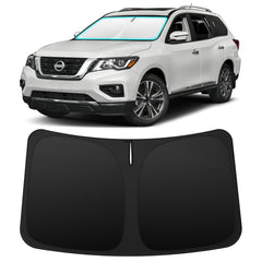 INSAUTO front-fit shade on Nissan Pathfinder showing full windshield coverage and protection