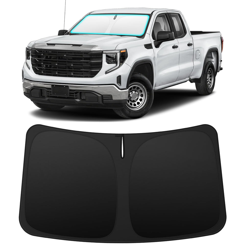 INSAUTO front view on Silverado showing full windshield coverage and sun protection