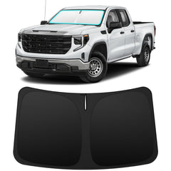 INSAUTO front view on Silverado showing full windshield coverage and sun protection