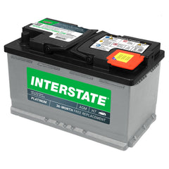 Interstate Batteries label close-up showing specifications and easy verification benefit