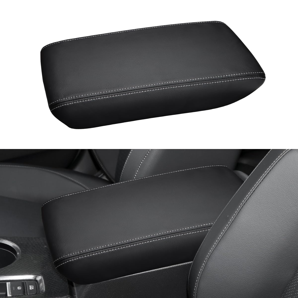 INTGET center console cover front view showing fit and gray stitching benefit