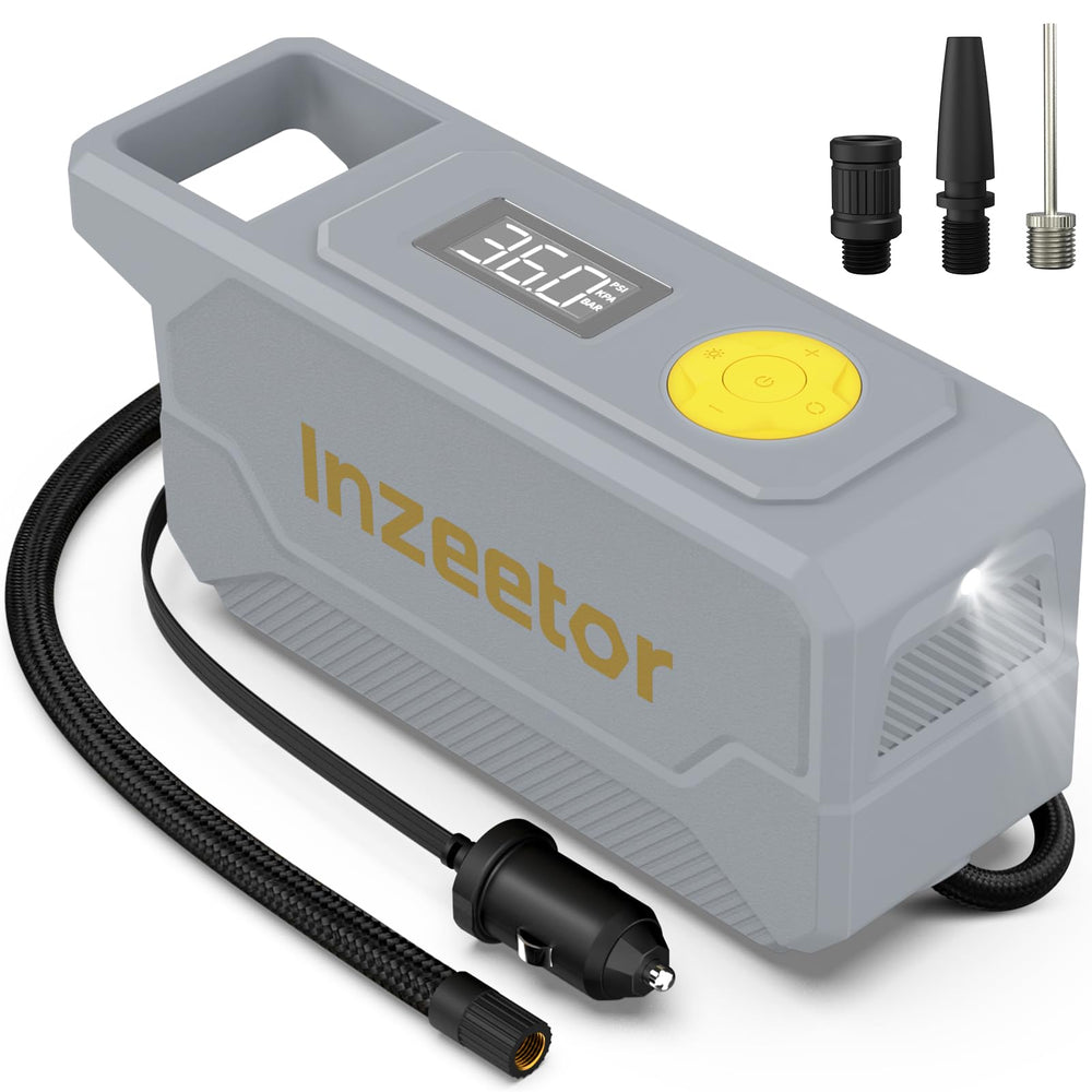 inzeetor front view showing compact gray inflator and handle, easy storage benefit