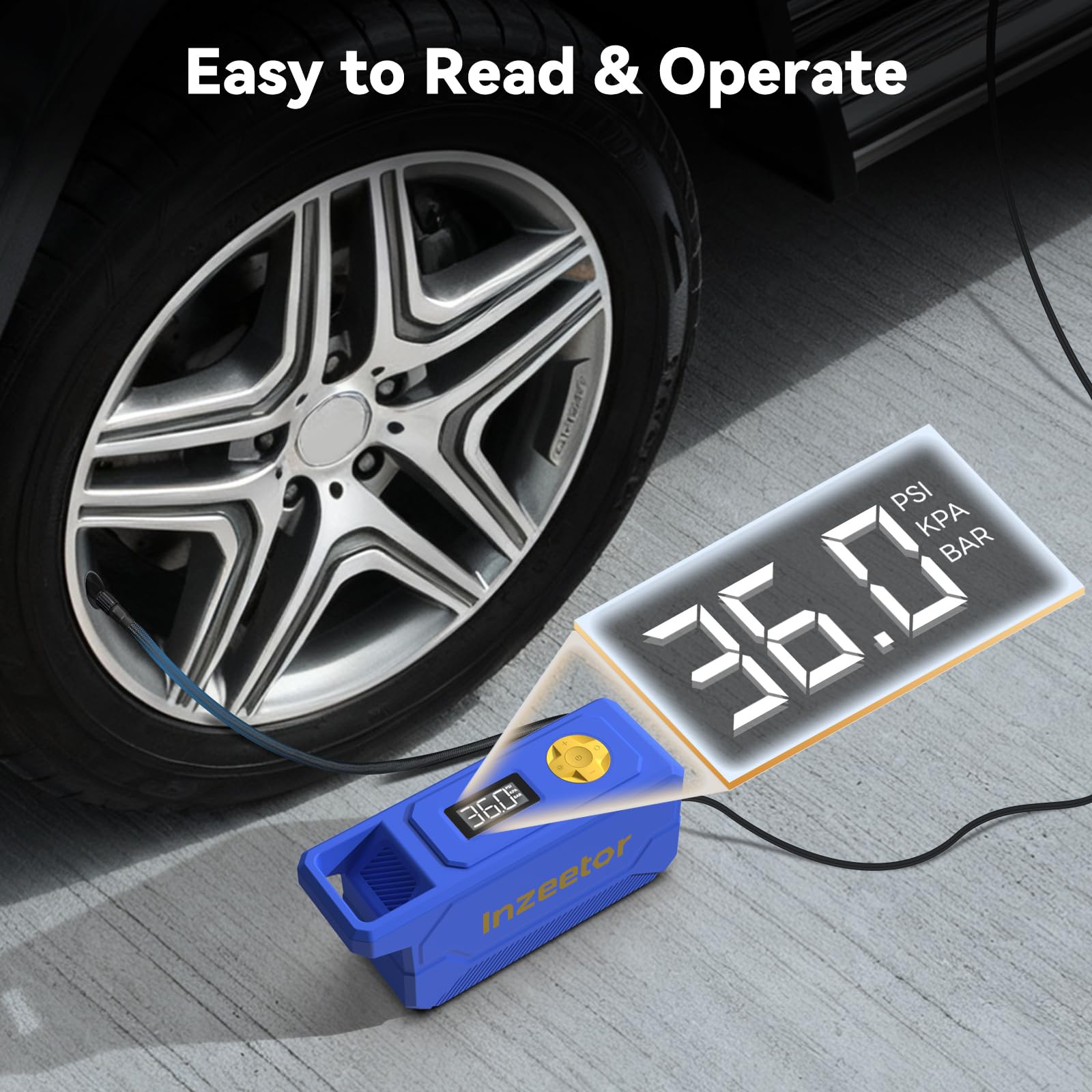 inzeetor inflating a car tire quickly demonstrating fast inflation benefits
