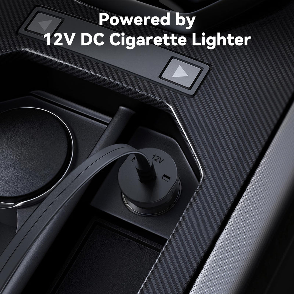 inzeetor power cord stretched to car outlet showing 10.5ft reach, convenient placement benefit