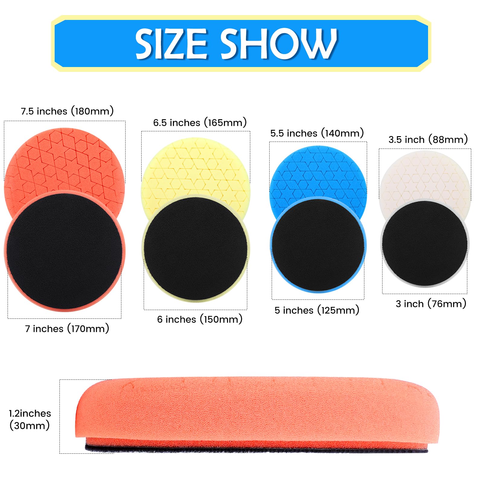IPELY pads next to a ruler to show size scale and confirm compatibility with 6-inch backing plate