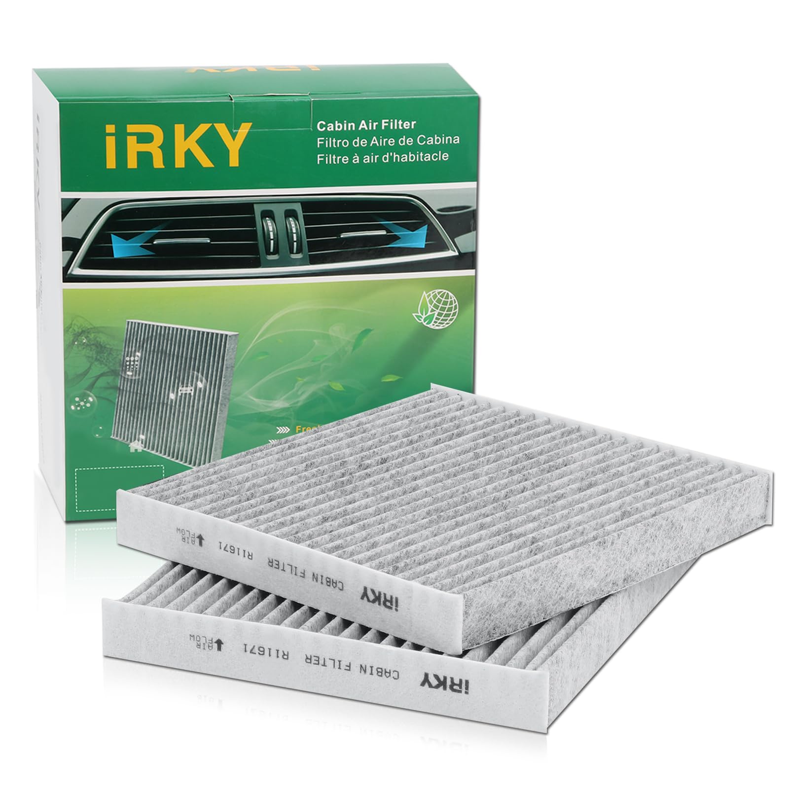 iRKY front view of two-pack cabin air filters showing packaging and fitment benefits