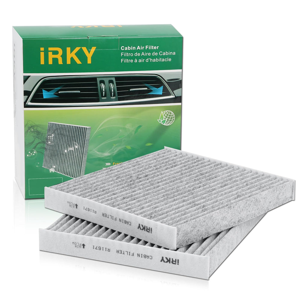 iRKY front view of two-pack cabin air filters showing packaging and fitment benefits