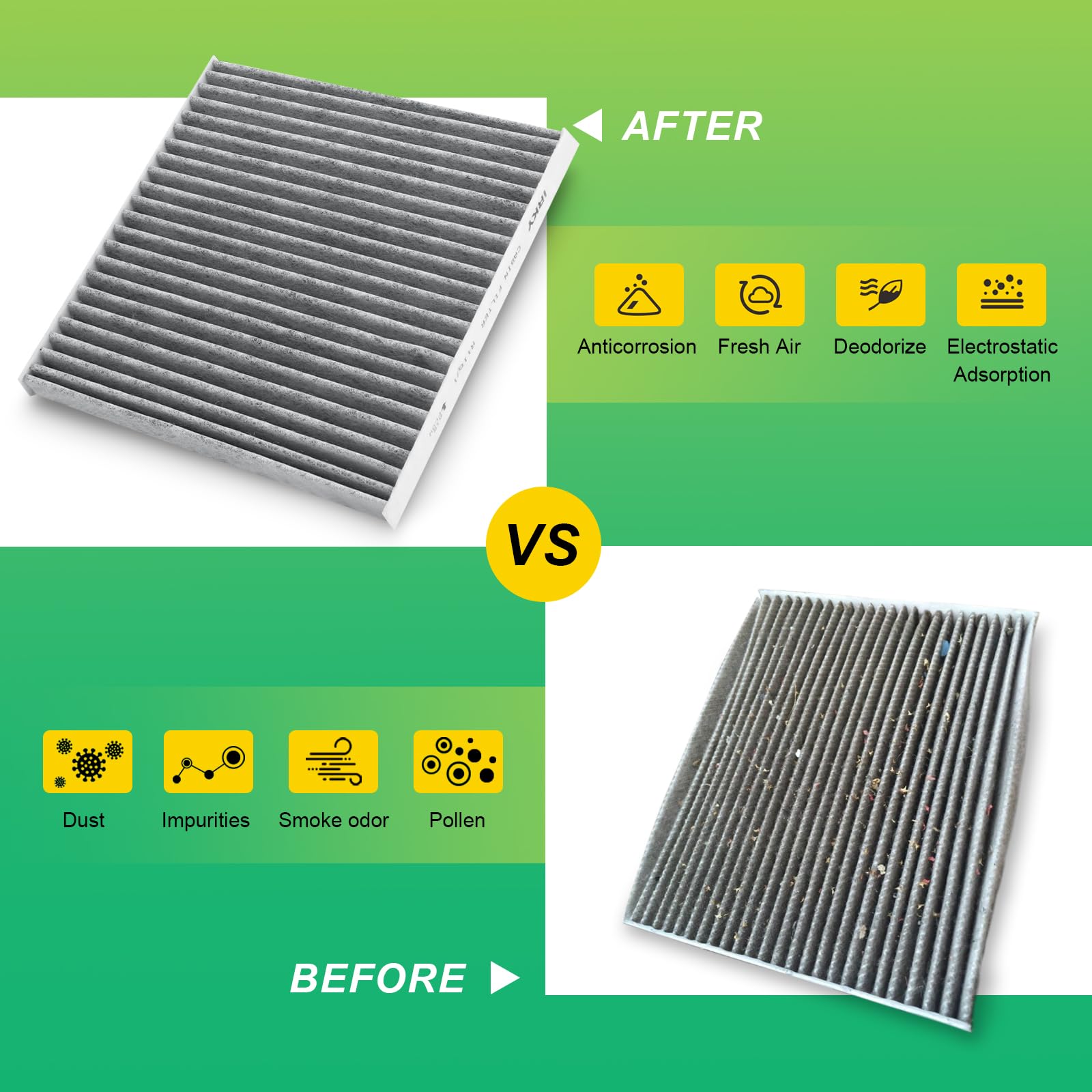 iRKY cabin filter beside ruler to show exact size and proper fit benefit