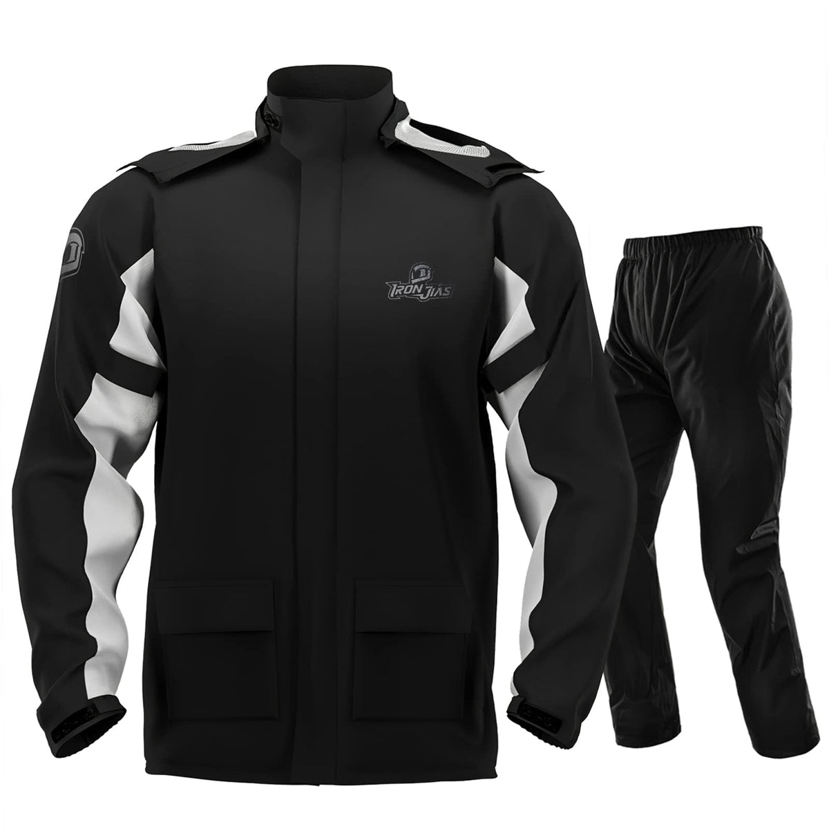 IRON JIA'S front view of rain suit showing full coverage and quick protection