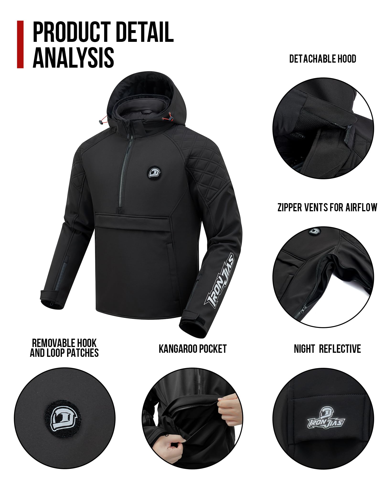 IRON JIA'S pocket and side zipper detail offering secure storage and ventilation