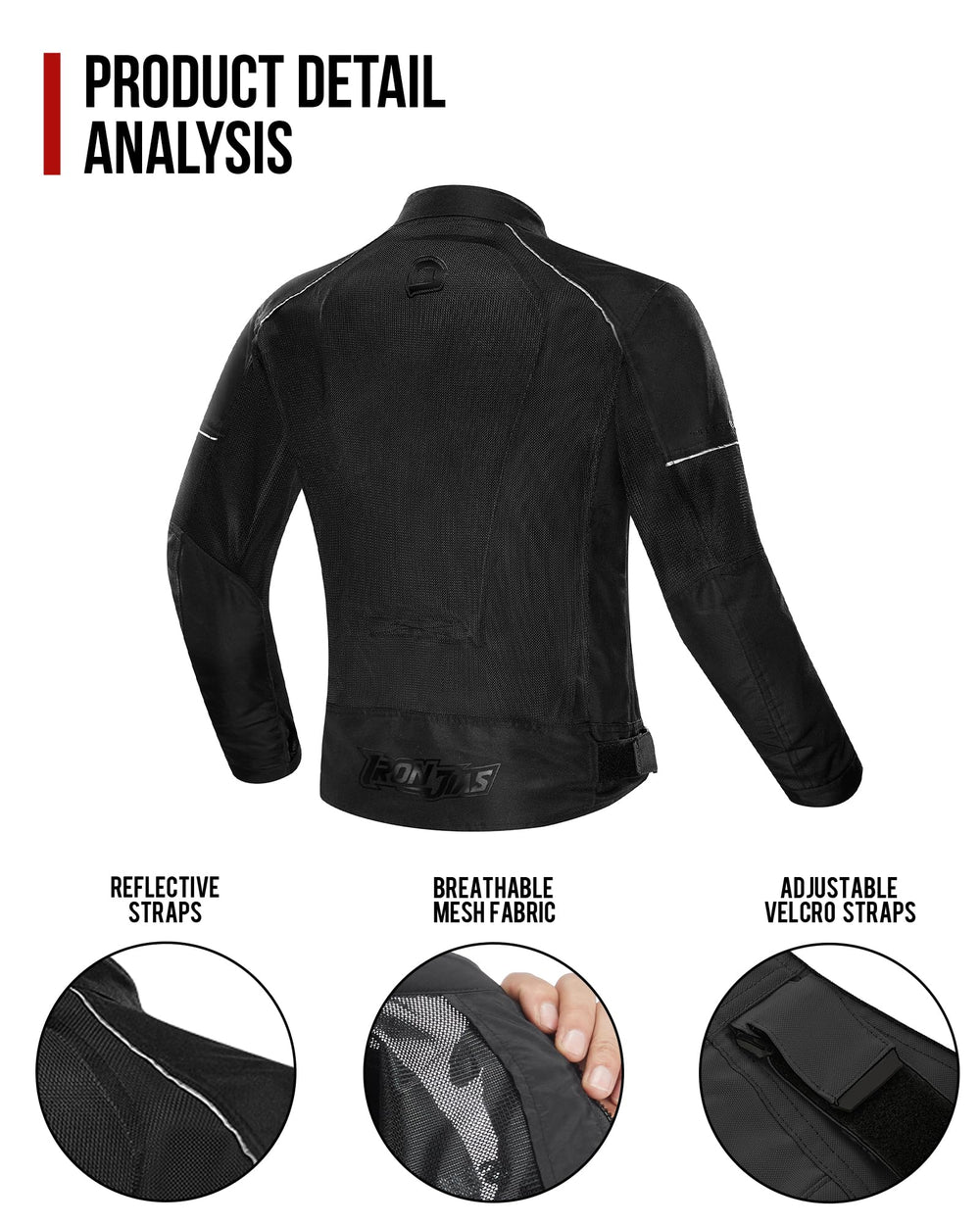 IRON JIA'S reflective shoulder strips improving night visibility and safety
