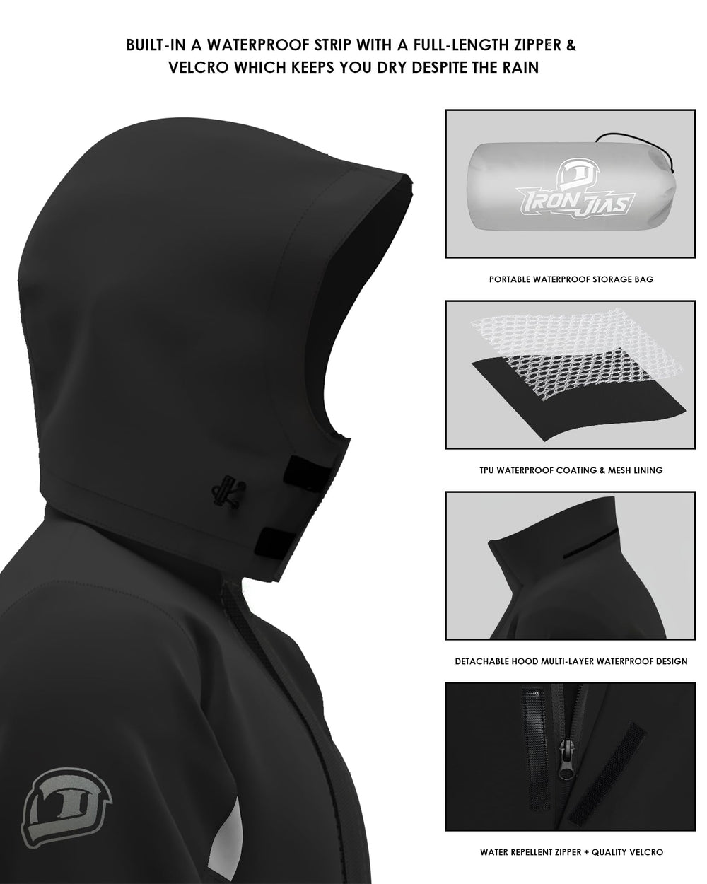 IRON JIA'S waterproof zipper and three-layer seal preventing water ingress