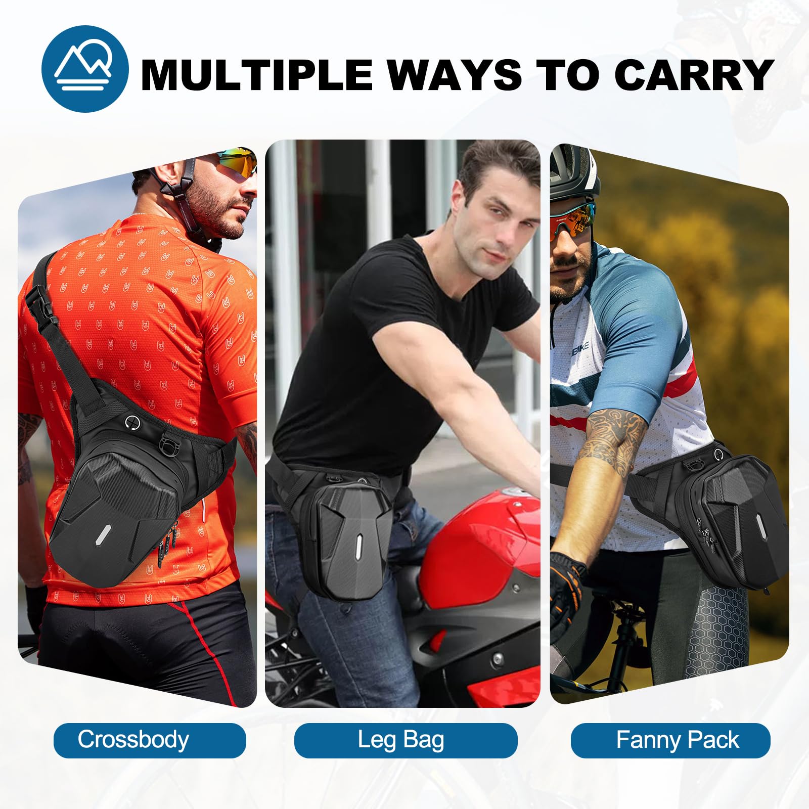 ISEYOU thigh bag on cyclist in outdoor setting showing hands-free convenience