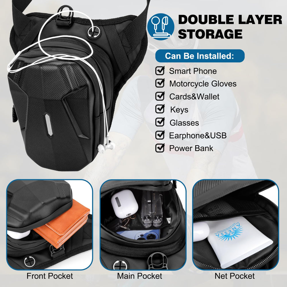 ISEYOU thigh bag worn on leg showing secure fit and adjustable straps