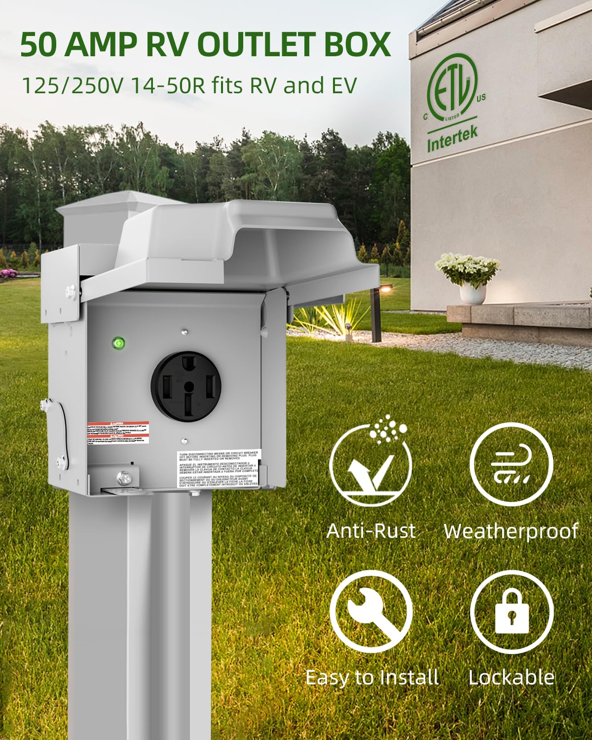 islewire open cover with visible NEMA 14-50R receptacle, easy access for plugging